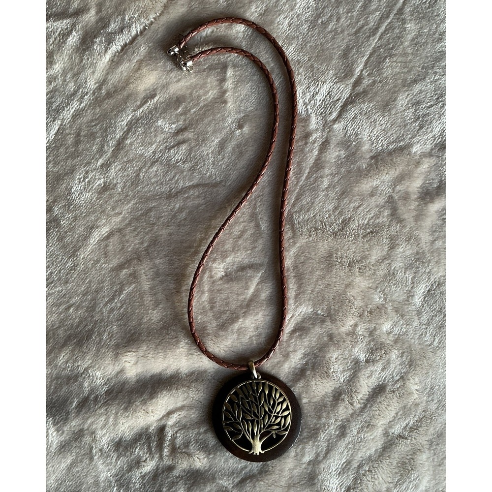 Silver Creek Leather Co Round Brown Wood w/Brass Tree of Life Pendant Necklace